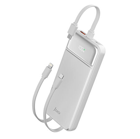 Juo 10000mAh 22.5W Led Ekranlı Lightning ve Type-C Kablolu Powerbank Taşınabilir Hızlı Şarj Cihazı Beyaz