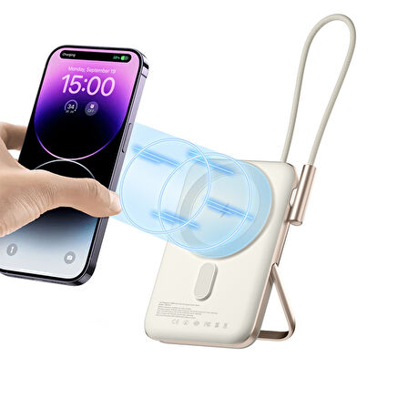 Juo Magsafe Powerbank 10000mAh Standlı 20W Dahili Type-C Kablolu Taşınabilir Hızlı Şarj Cihazı Beyaz