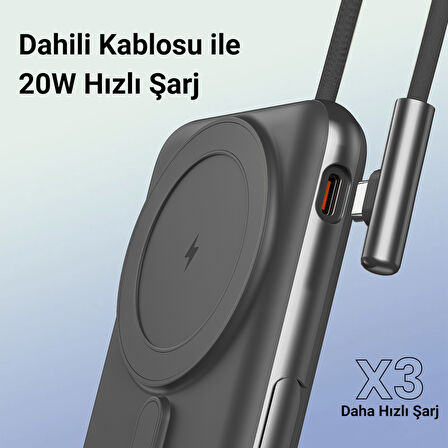 Juo Magsafe Powerbank 10000mAh Standlı 20W Dahili Type-C Kablolu Taşınabilir Hızlı Şarj Cihazı Siyah