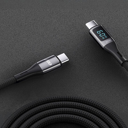 Juo 60W Dijital Led Ekranlı Örgülü USB Type-C to Type-C Hızlı Şarj ve Data Kablosu 1 Metre