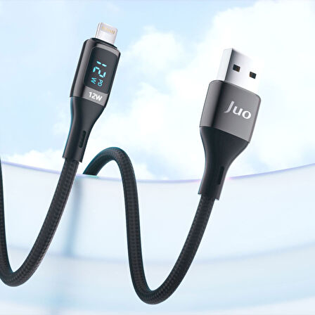 Juo 12W Dijital Led Ekranlı USB-A to Lightning iPhone iPad Örgülü Hızlı Şarj ve Data Kablosu 1 Metre