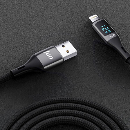 Juo 12W Dijital Led Ekranlı USB-A to Lightning iPhone iPad Örgülü Hızlı Şarj ve Data Kablosu 1 Metre