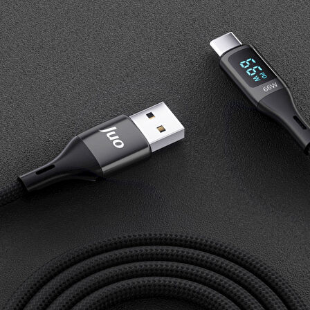 Juo 66W Dijital Led Ekranlı Örgülü USB-A to USB Type-C Hızlı Şarj ve Data Kablosu 2 Metre