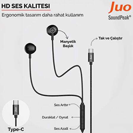 Juo Type-C Mikrofonlu Kablolu Kulak İçi Kulaklık Metal DAC Çip Destekli ENC Gürültü Engelleme