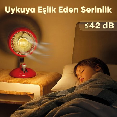 Juo Q3 120° Salınımlı 3 Kademeli LED Işıklı Şarjlı Masaüstü Fan Vantilatör Retro Kırmızı