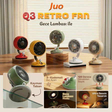 Juo Q3 120° Salınımlı 3 Kademeli LED Işıklı Şarjlı Masaüstü Fan Vantilatör Retro Bej