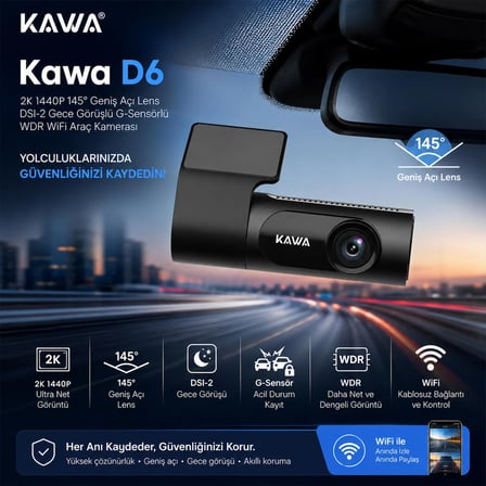 Kawa D6 2K 1440P WiFi Araç Kamerası 145° Geniş Açı WDR Ön Kamera
