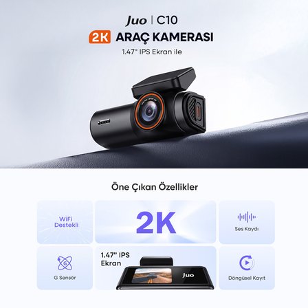 Juo C10 2K QHD WiFi Ekranlı Araç Kamerası 140° Geniş Açı Gece Görüş G-Sensörlü Araç içi Kamera