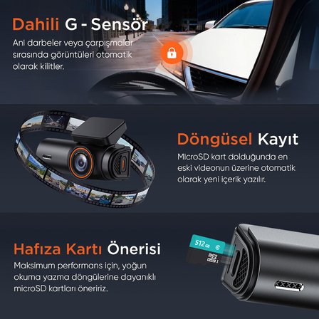 Juo C10 2K QHD WiFi Ekranlı Araç Kamerası 140° Geniş Açı Gece Görüş G-Sensörlü Araç içi Kamera