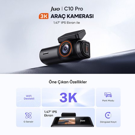 Juo C10 Pro 3K UHD HDR WiFi Ekranlı Araç Kamerası 170° Geniş Açı Gece Görüş G-Sensörlü Araç içi Kamera