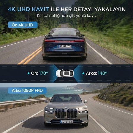 Juo C20 4K UHD Ön + FHD Arka 2 Kameralı WiFi GPS HDR Araç Kamerası Ekranlı 170° Geniş Açı Gece Görüş Araç içi Kamera