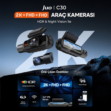 Juo C30 2K QHD Ön + FHD iç + FHD Arka 3 Kameralı WiFi GPS HDR Araç Kamerası Ekranlı 170° Geniş Açı Gece Görüş Araç içi Kamera