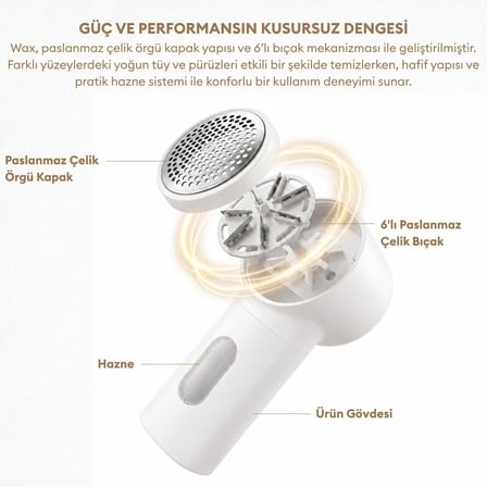Pizen Wax 6 Bıçaklı USB Şarjlı Taşınabilir Tüy ve Tiftik Temizleyici 3 Kademeli Dijital Gösterge 2 Yedek Bıçak