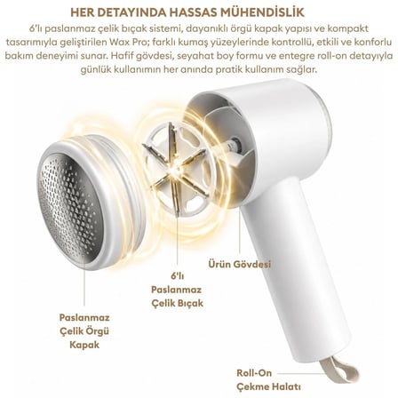 Pizen Wax Pro 6 Bıçaklı USB Şarjlı Tüy ve Tiftik Temizleme Makinesi Dahili Tüy Toplama Rulosu 2’si 1 Arada