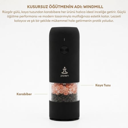 Pizen Windmill USB Şarjlı Otomatik Baharat Öğütücü LED Işıklı Ayarlanabilir Tuz Karabiber Değirmeni