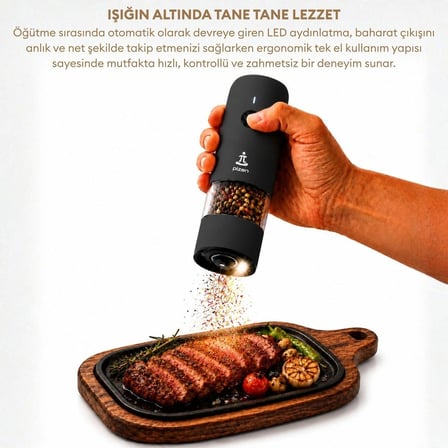 Pizen Windmill USB Şarjlı Otomatik Baharat Öğütücü LED Işıklı Ayarlanabilir Tuz Karabiber Değirmeni