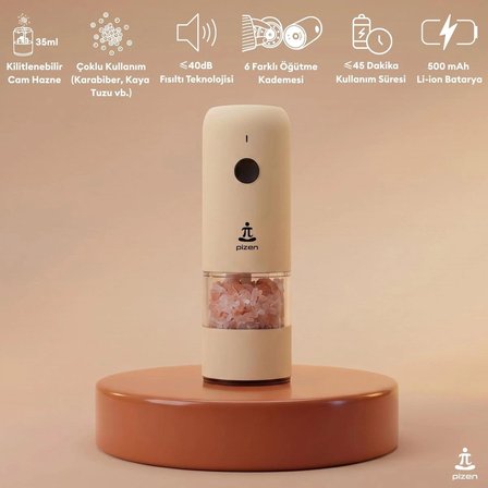 Pizen Windmill USB Şarjlı Otomatik Baharat Öğütücü LED Işıklı Ayarlanabilir Tuz Karabiber Değirmeni