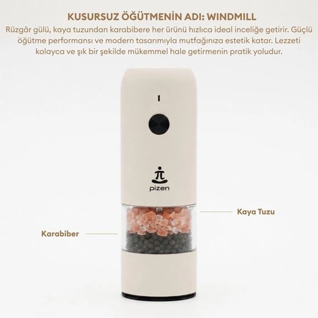 Pizen Windmill USB Şarjlı Otomatik Baharat Öğütücü LED Işıklı Ayarlanabilir Tuz Karabiber Değirmeni
