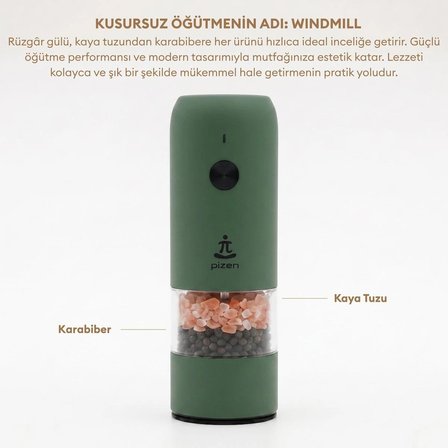 Pizen Windmill USB Şarjlı Otomatik Baharat Öğütücü LED Işıklı Ayarlanabilir Tuz Karabiber Değirmeni