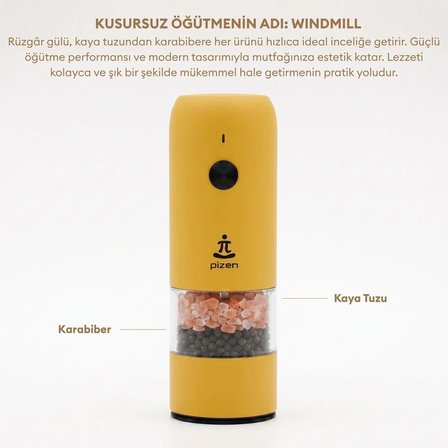 Pizen Windmill USB Şarjlı Otomatik Baharat Öğütücü LED Işıklı Ayarlanabilir Tuz Karabiber Değirmeni
