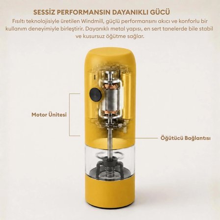 Pizen Windmill USB Şarjlı Otomatik Baharat Öğütücü LED Işıklı Ayarlanabilir Tuz Karabiber Değirmeni