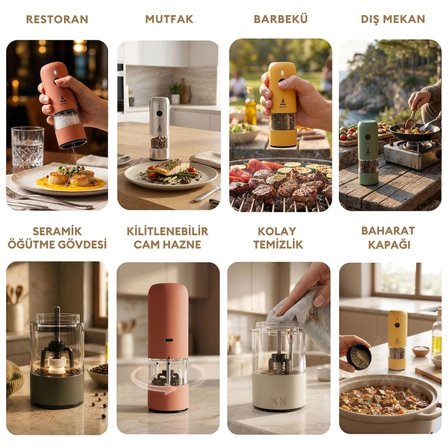 Pizen Windmill USB Şarjlı Otomatik Baharat Öğütücü LED Işıklı Ayarlanabilir Tuz Karabiber Değirmeni