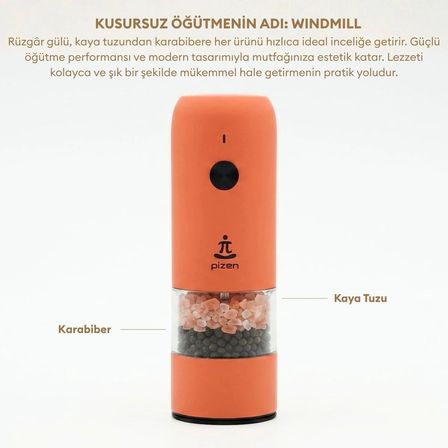 Pizen Windmill USB Şarjlı Otomatik Baharat Öğütücü LED Işıklı Ayarlanabilir Tuz Karabiber Değirmeni