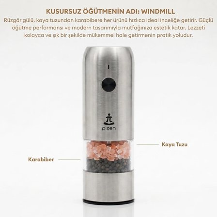 Pizen Windmill USB Şarjlı Otomatik Baharat Öğütücü LED Işıklı Ayarlanabilir Tuz Karabiber Değirmeni