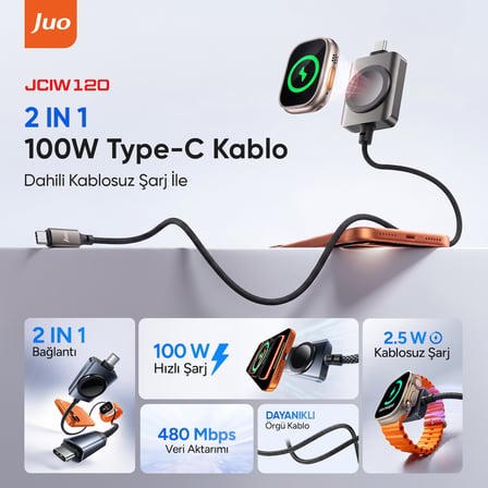 Juo 100W Type-C to Type-C Hızlı Şarj Kablosu Apple Watch Uyumlu Manyetik Şarj Özellikli 2'si 1 Arada Kablo 1.2 Metre