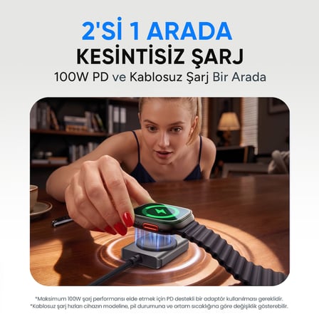 Juo 100W Type-C to Type-C Hızlı Şarj Kablosu Apple Watch Uyumlu Manyetik Şarj Özellikli 2'si 1 Arada Kablo 1.2 Metre