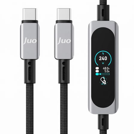Juo 240W Type-C to Type-C Dijital TFT Ekranlı E-Mark Çipli Örgülü Hızlı Şarj Kablosu 1.2 Metre