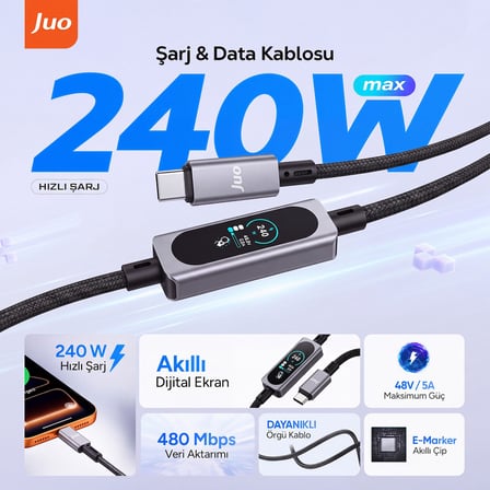 Juo 240W Type-C to Type-C Dijital TFT Ekranlı E-Mark Çipli Örgülü Hızlı Şarj Kablosu 1.2 Metre