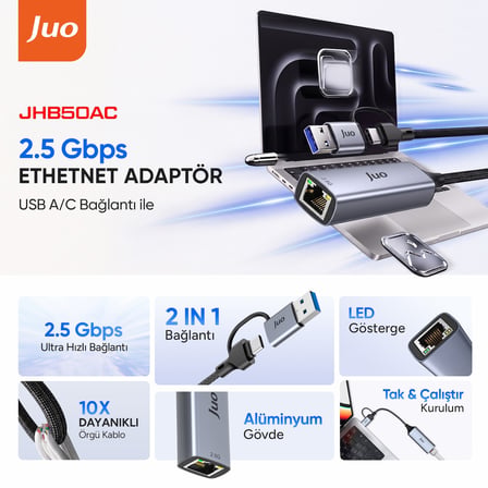 Juo USB-A ve Type-C Multiport 2500Mbps 2.5G Gigabit Ethernet Dönüştürücü Adaptör