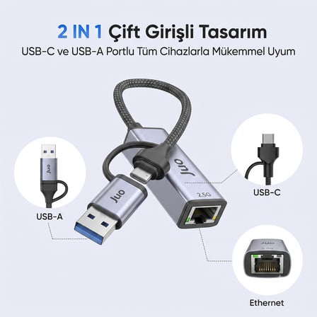 Juo USB-A ve Type-C Multiport 2500Mbps 2.5G Gigabit Ethernet Dönüştürücü Adaptör