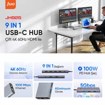 Juo Type-C 9 Portlu Dual 4K 60Hz HDMI MST Gigabit Ethernet Dönüştürücü 100W PD 4*USB 3.2 Çoklayıcı Hub