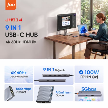 Juo Type-C 9 Portlu 4K 60Hz HDMI Gigabit Ethernet Dönüştürücü SD MicroSD Kart Okuyucu 100W PD 3*USB 3.2 Çoklayıcı Hub