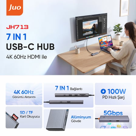 Juo Type-C 7 Portlu 4K 60Hz HDMI SD MicroSD Kart Okuyucu 100W PD Type-C ve 2*USB 3.2 Çoklayıcı Hub Dönüştürücü