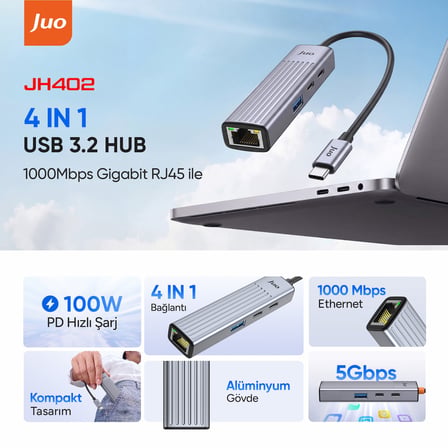Juo Type-C 4 Portlu 1x USB-A 1x Type-C RJ45 Gigabit Ethernet 100W PD Şarj Girişi Çoklayıcı Dönüştürücü Hub