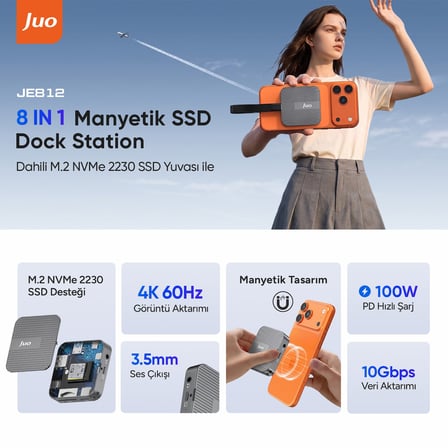 Juo MagSafe Uyumlu Type-C Hub 2230 NVMe SSD Kutusu 4K ProRes Kayıt 4K 60Hz HDMI PD 100W PD SD/microSD Kart Okuyucu AUX 10Gbps USB 3.2 Çoklayıcı Dönüştürücü