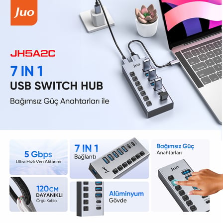 Juo USB-A 7 Portlu Anahtarlı 5*USB-A 2*Type-C 5Gbps USB 3.1 Çoklayıcı Dönüştürücü Hub