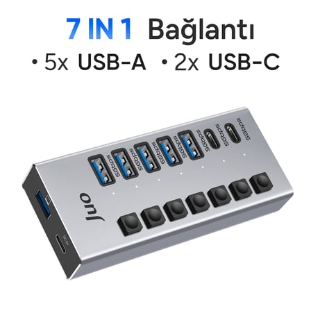 Juo USB-A 7 Portlu Anahtarlı 5*USB-A 2*Type-C 5Gbps USB 3.1 Çoklayıcı Dönüştürücü Hub