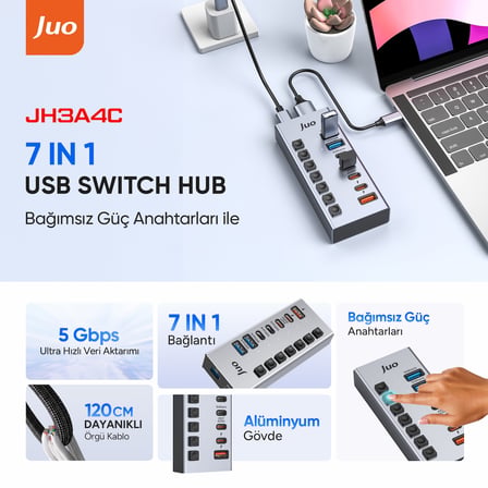 Juo USB-A 7 Portlu Anahtarlı 3*USB-A 4*Type-C 5Gbps PD Hızlı Şarj Destekli USB 3.1 Çoklayıcı Dönüştürücü Hub