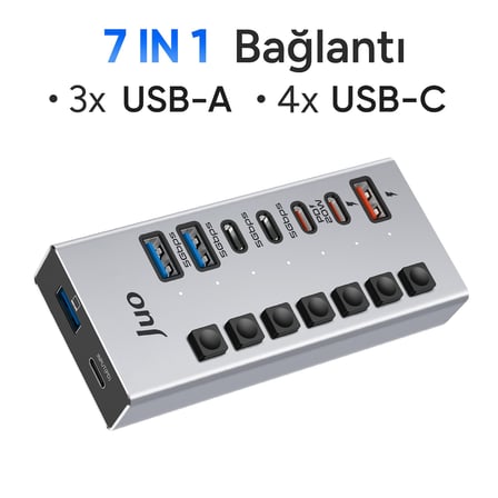 Juo USB-A 7 Portlu Anahtarlı 3*USB-A 4*Type-C 5Gbps PD Hızlı Şarj Destekli USB 3.1 Çoklayıcı Dönüştürücü Hub