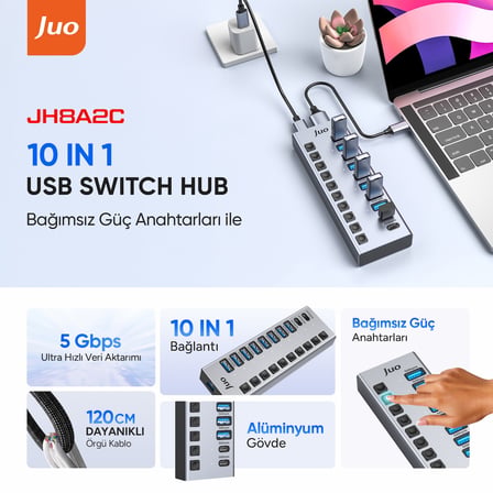 Juo USB-A 10 Portlu Anahtarlı 8*USB-A 2*Type-C 5Gbps USB 3.1 Çoklayıcı Dönüştürücü Hub
