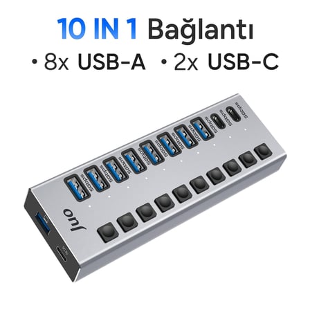 Juo USB-A 10 Portlu Anahtarlı 8*USB-A 2*Type-C 5Gbps USB 3.1 Çoklayıcı Dönüştürücü Hub
