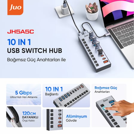Juo USB-A 10 Portlu Anahtarlı 5*USB-A 5*Type-C 5Gbps PD Hızlı Şarj Destekli USB 3.1 Çoklayıcı Dönüştürücü Hub