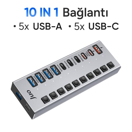 Juo USB-A 10 Portlu Anahtarlı 5*USB-A 5*Type-C 5Gbps PD Hızlı Şarj Destekli USB 3.1 Çoklayıcı Dönüştürücü Hub
