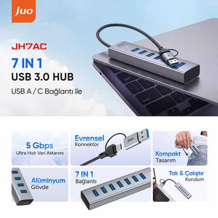 Juo Type-C ve USB-A 7 Portlu 7*USB 3.0 5Gbps USB Hub Çoklayıcı Dönüştürücü