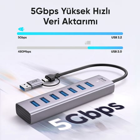 Juo Type-C ve USB-A 7 Portlu 7*USB 3.0 5Gbps USB Hub Çoklayıcı Dönüştürücü