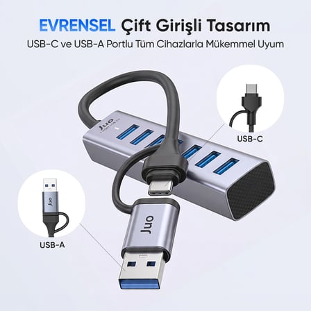 Juo Type-C ve USB-A 7 Portlu 7*USB 3.0 5Gbps USB Hub Çoklayıcı Dönüştürücü